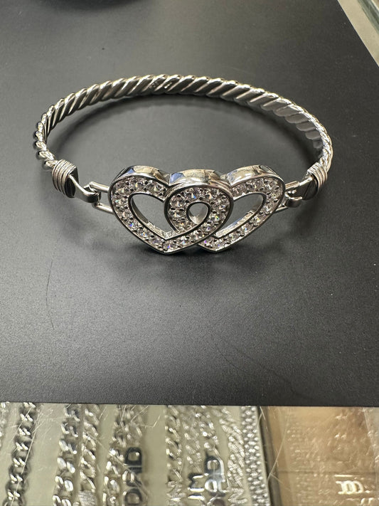 Sterling Silver Bangle Double Heart Shape CZ Stone BG004