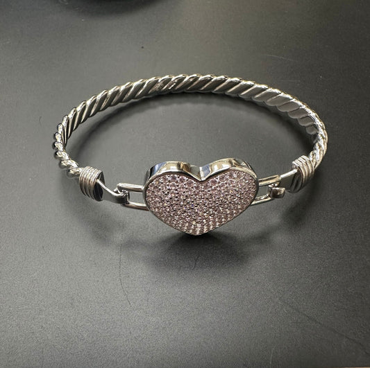 Sterling Silver Bangle Heart Shape Pink CZ Stone BG007
