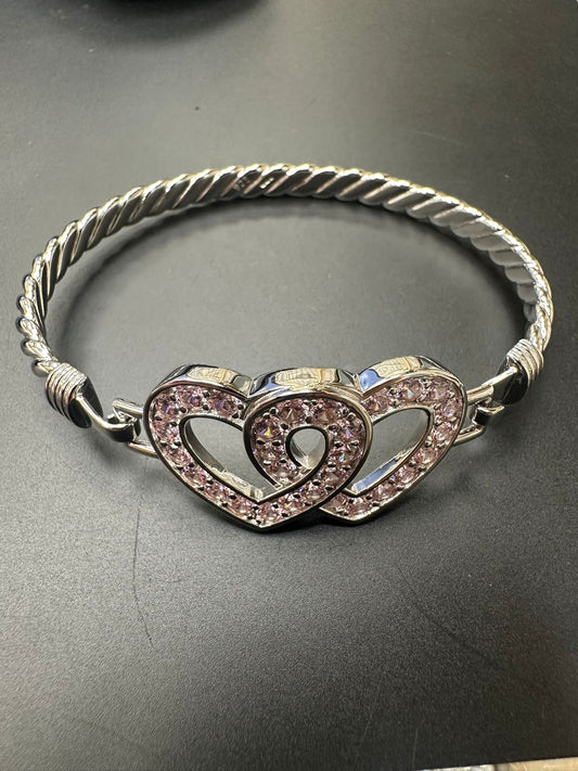 Sterling Silver Bangle Double Heart Shape Pink CZ Stone BG010