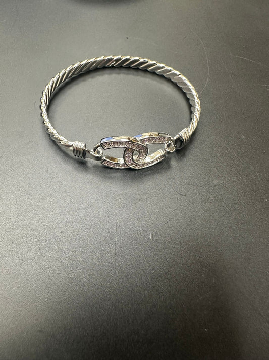 Sterling Silver Bangle Lock Shape Pink CZ Stone BG015