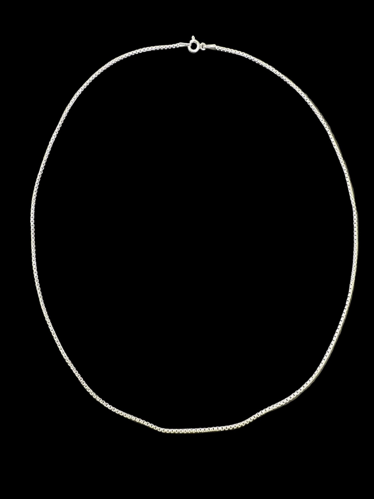 Sterling Silver 1.5 MM Box Chain CHN3345 displayed against a black background, showcasing its sleek design.
