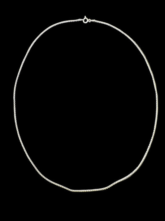 Sterling Silver 1.5 MM Box Chain CHN3345 displayed against a black background, showcasing its sleek design.