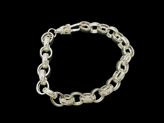 Sterling silver belcher bracelet, BRC009, featuring beautifully patterned links and a detailed clasp for elegant appeal.