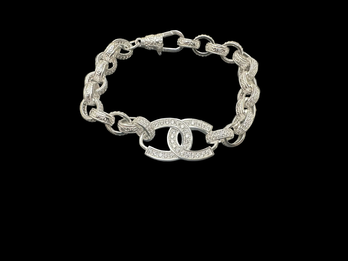 Sterling Silver Cz Pattern Double Horseshoe Belcher Bracelet BRCZ009