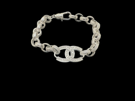 Sterling Silver Cz Pattern Double Horseshoe Belcher Bracelet BRCZ009