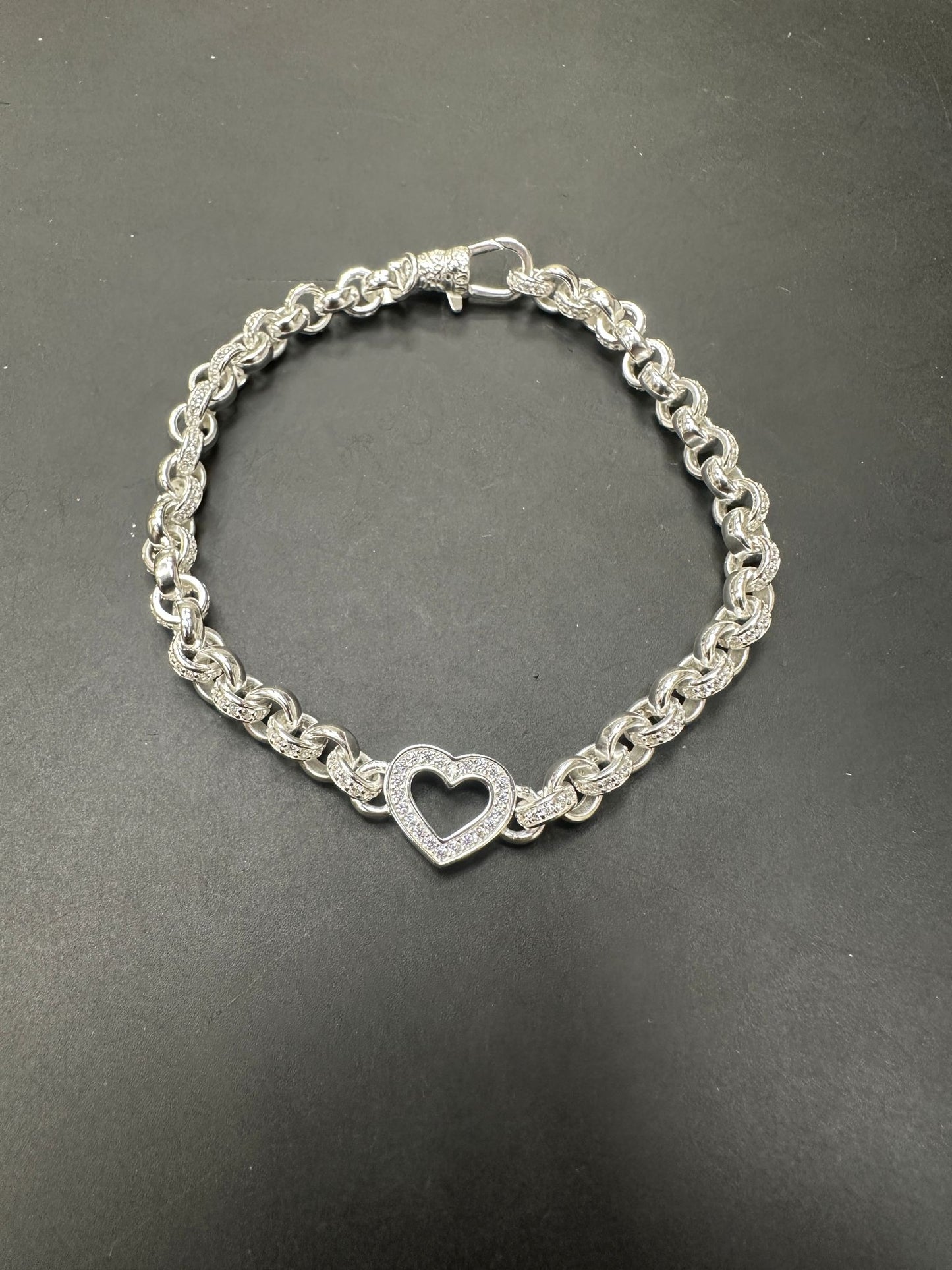 Sterling Silver Cz Plain Pattern Link Open Heart Belcher Bracelet BRCZ011