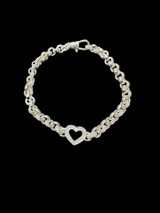 Sterling Silver Cz Plain Pattern Link Open Heart Belcher Bracelet BRCZ011