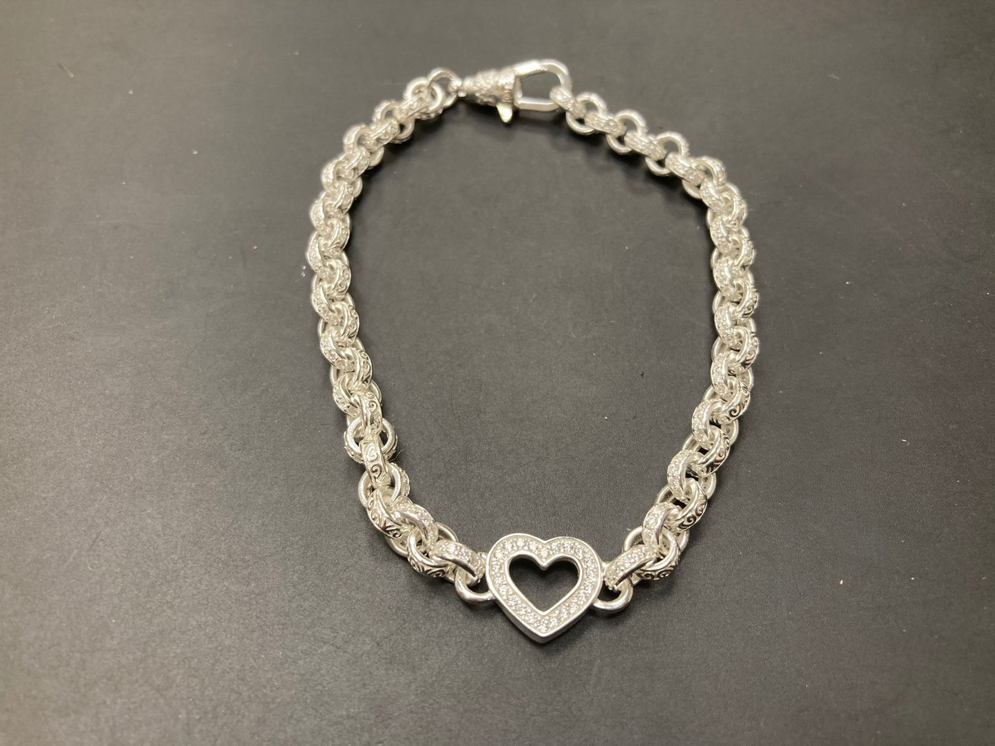 Sterling Silver Cz Plain Pattern Link Open Heart Belcher Bracelet BRCZ011