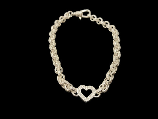 Sterling Silver Cz Plain Pattern Link Open Heart Belcher Bracelet BRCZ011