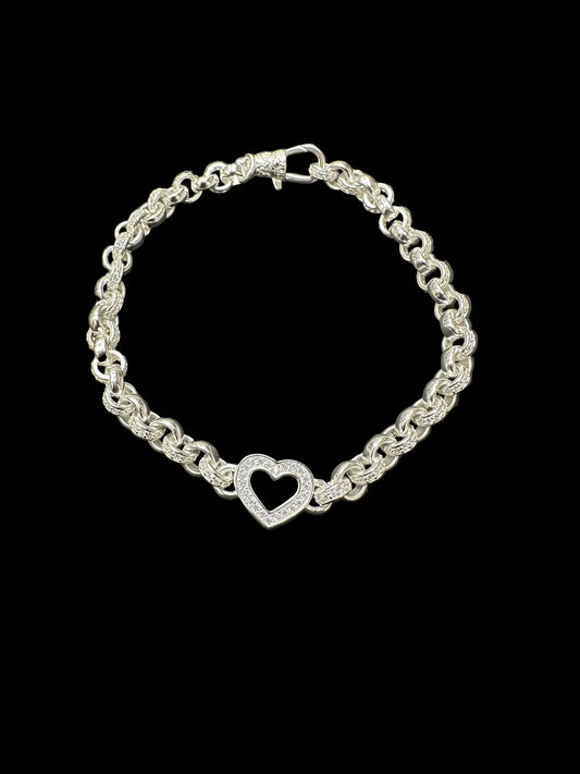 Sterling Silver Plain Pattern Link Cz Open Heart Belcher Bracelet BRCZ012
