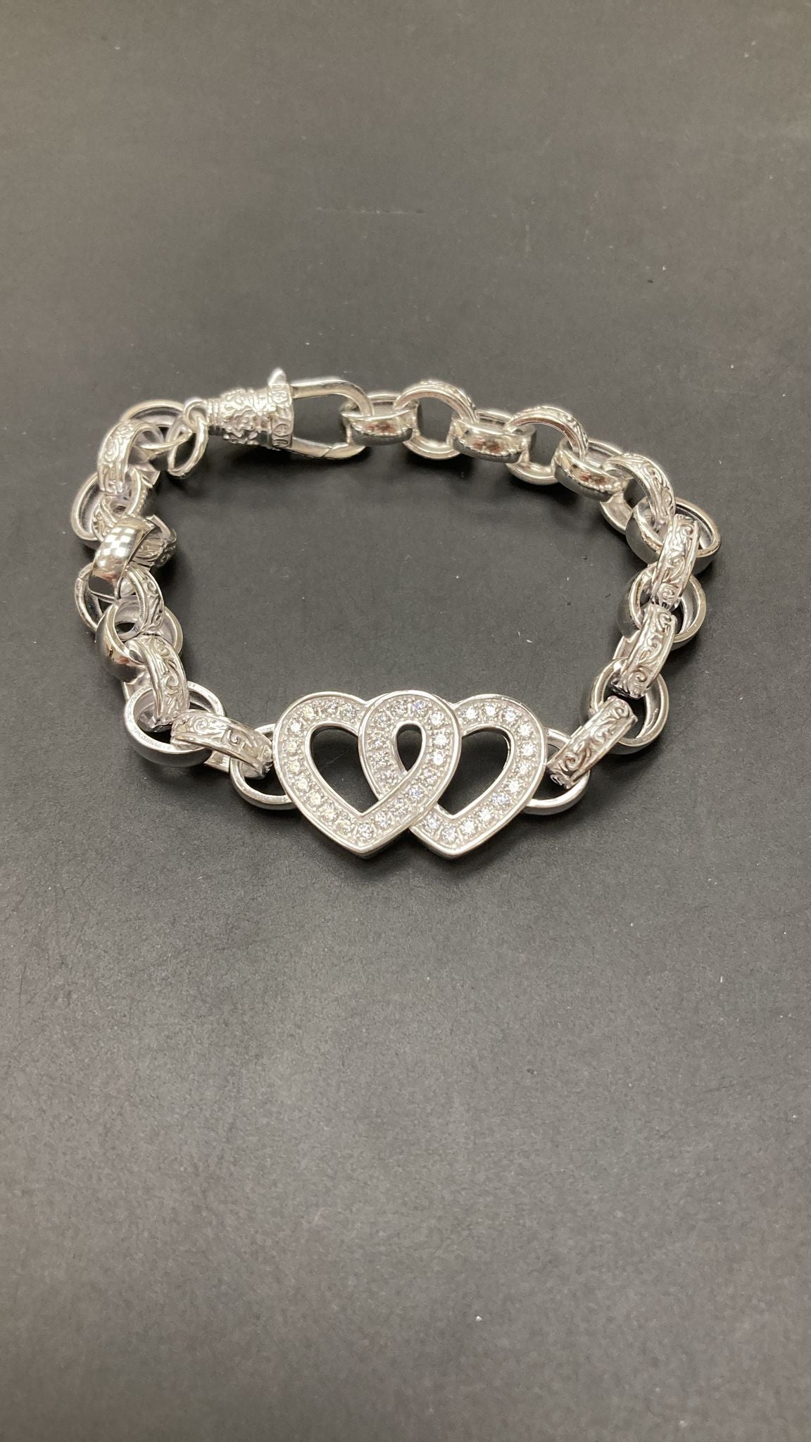 Sterling Silver Plain Pattern Link Cz Open Double Heart Belcher Bracelet BRCZ014