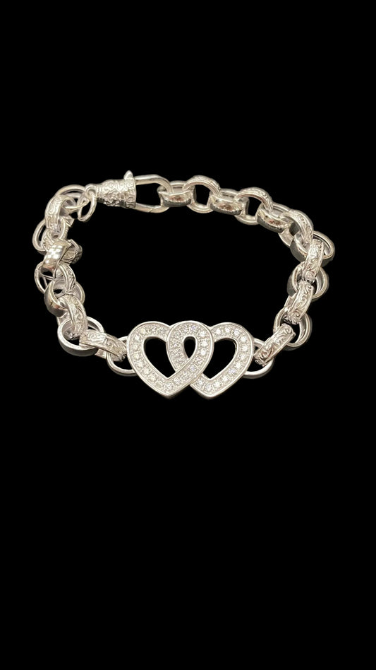 Sterling Silver Plain Pattern Link Cz Open Double Heart Belcher Bracelet BRCZ014