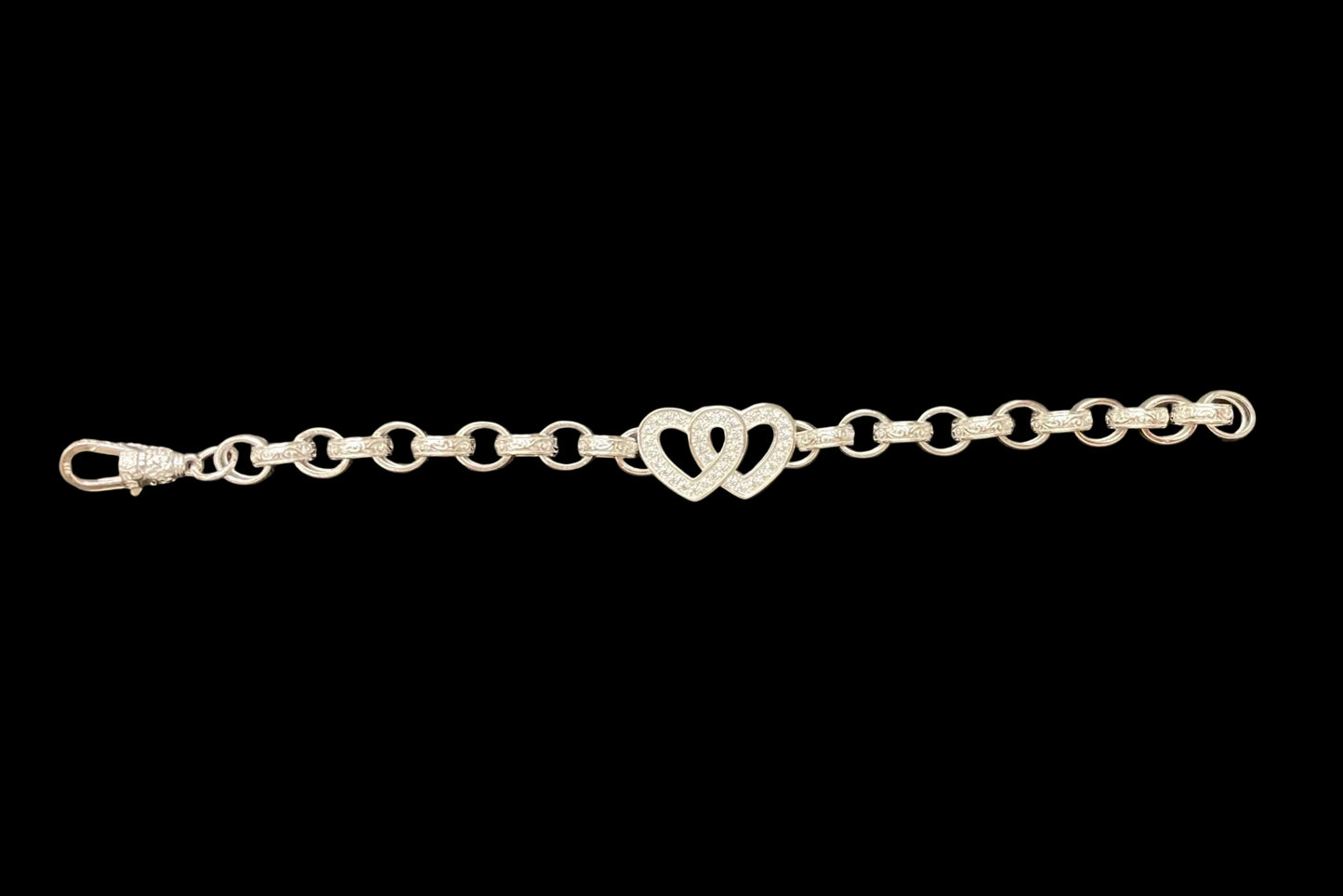Sterling Silver Plain Pattern Link Cz Open Double Heart Belcher Bracelet BRCZ013