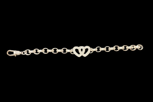Sterling Silver Plain Pattern Link Cz Open Double Heart Belcher Bracelet BRCZ013