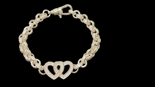 Sterling Silver Cz Pattern Link Open Double Heart Belcher Bracelet BRCZ015