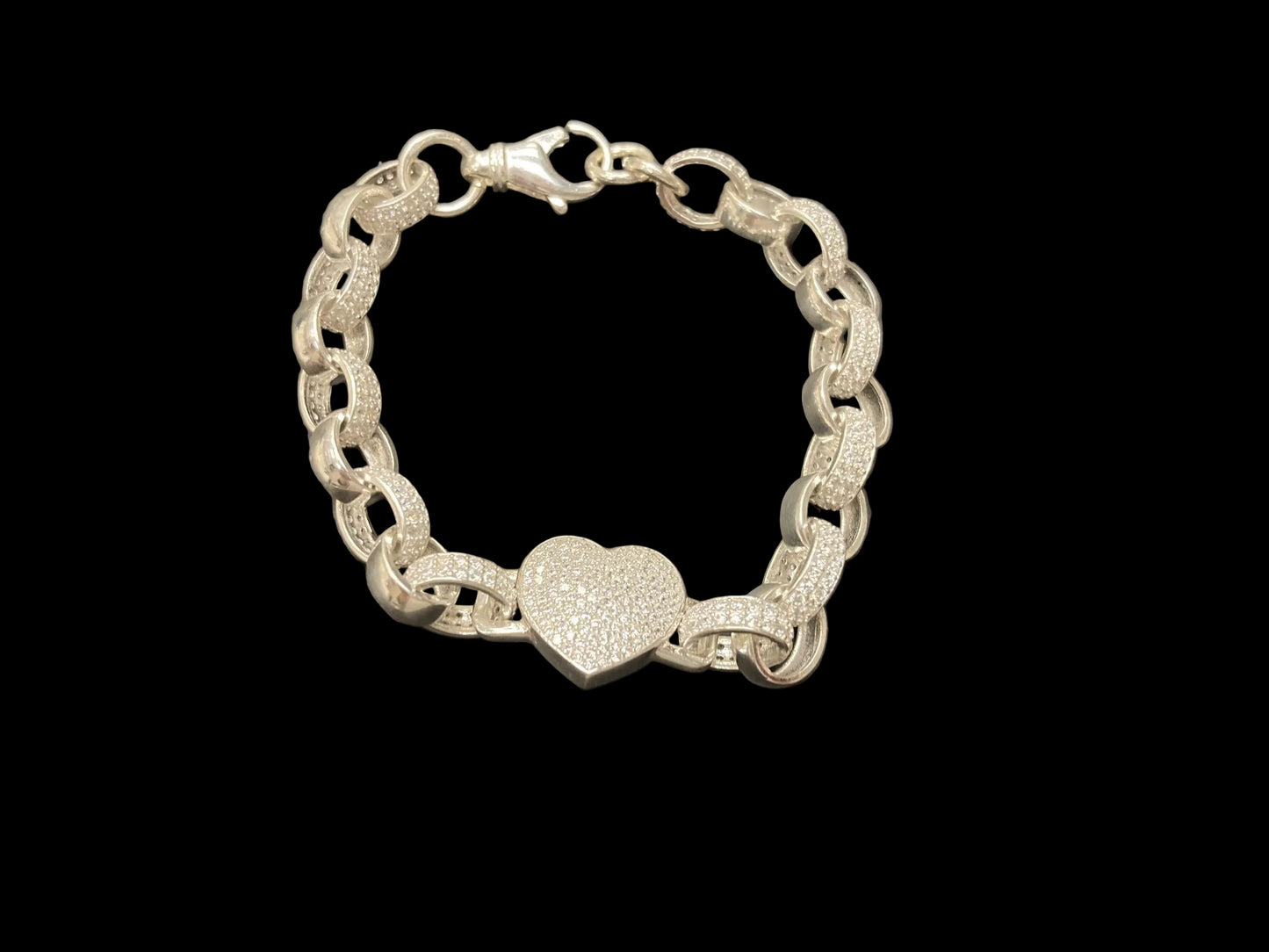 Sterling Silver Cz Pattern Link Heart Belcher Bracelet BRCZ016