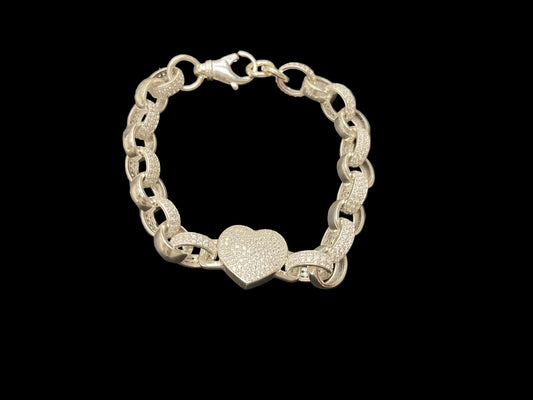 Sterling Silver Cz Pattern Link Heart Belcher Bracelet BRCZ016