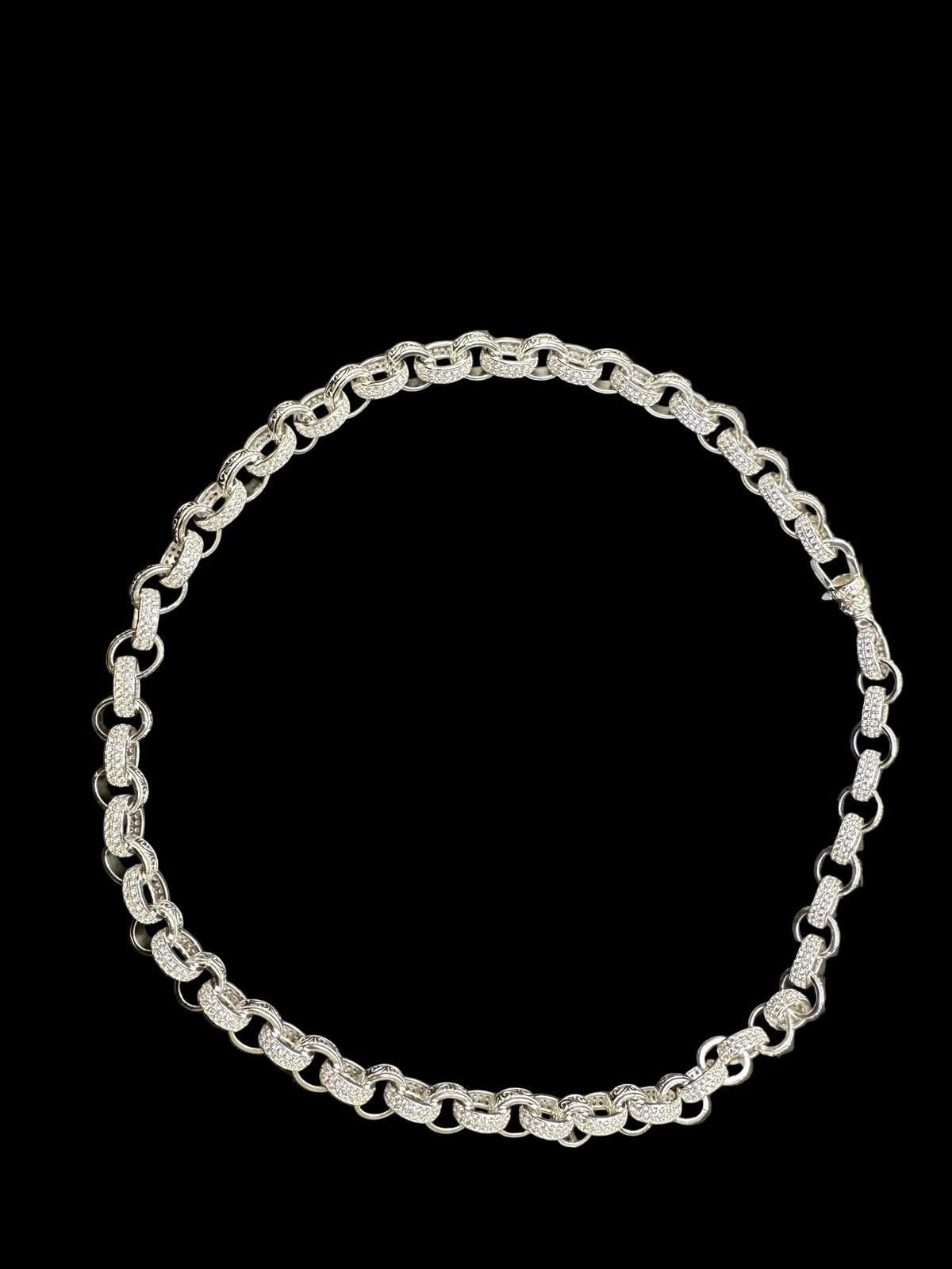 Sterling Silver Cz Pattern Link Belcher Necklace BRCZ023 - sterling silver cz necklace design with sparkling cz accents.