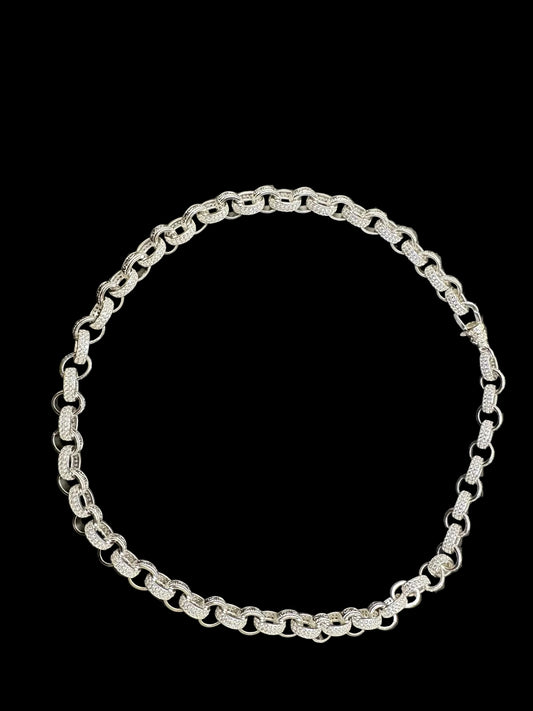 Sterling Silver Cz Pattern Link Belcher Necklace BRCZ023 - sterling silver cz necklace design with sparkling cz accents.