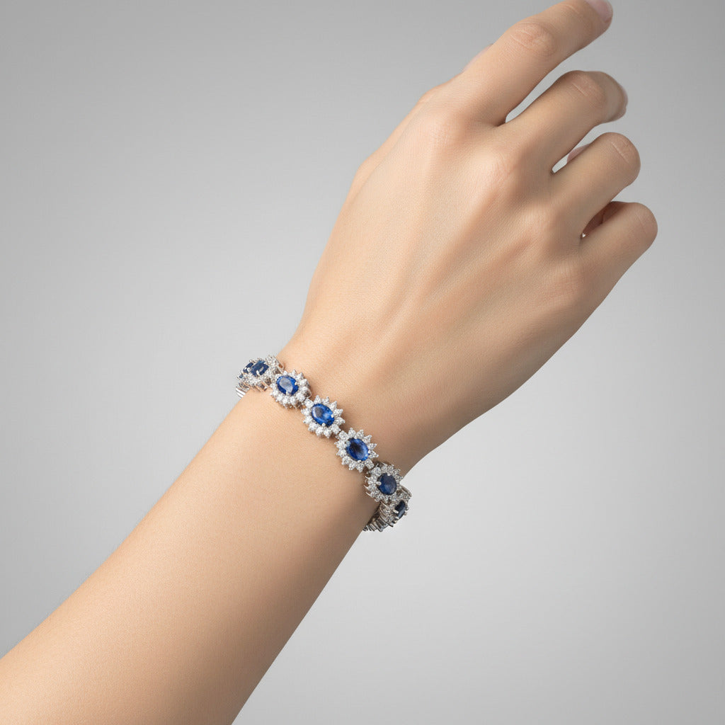 Silver blue oval shape Princess Diana style bracelet 