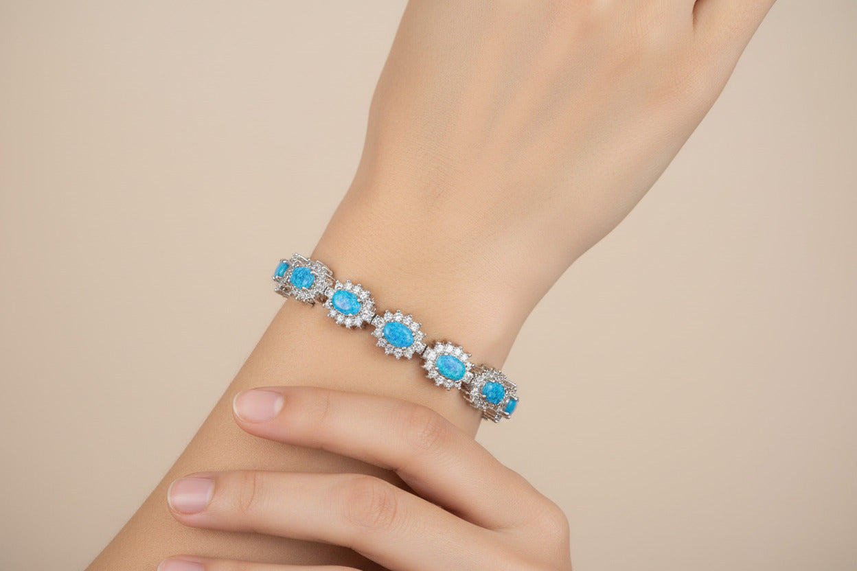 Silver bracelet with blue opal gemstones 