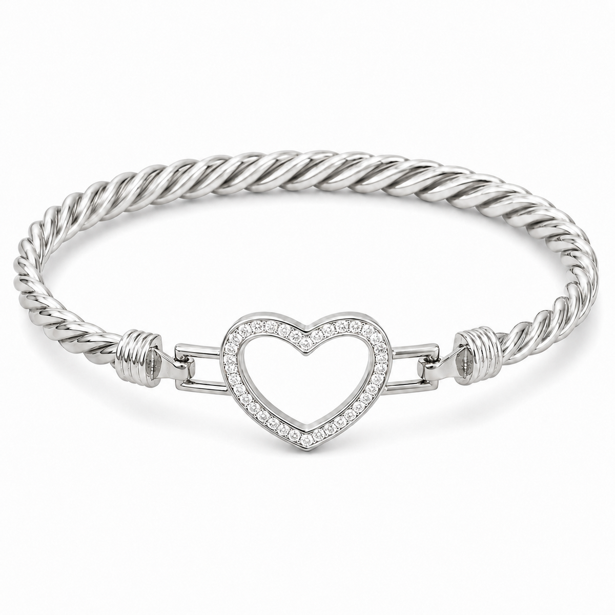 Sterling Silver Open Heart Bangle Cz Stone BCZ0399