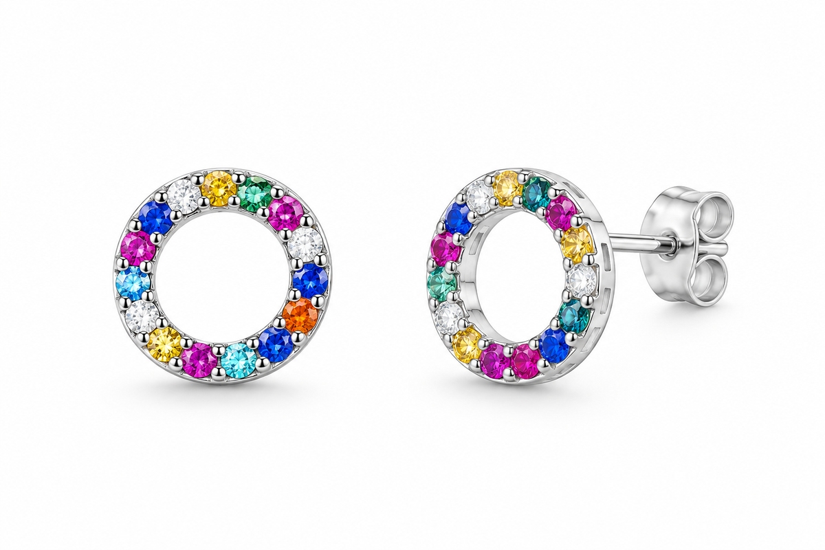 Sterling Silver Mix Color CZ Circle Stud