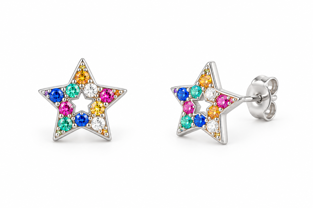 Sterling Silver Mix Color CZ Star Stud
