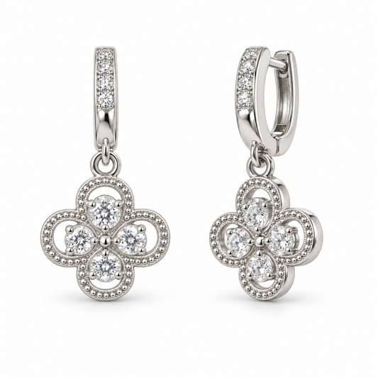 Four Petal CZ Drop Earrings - Silver - ECZ6109
