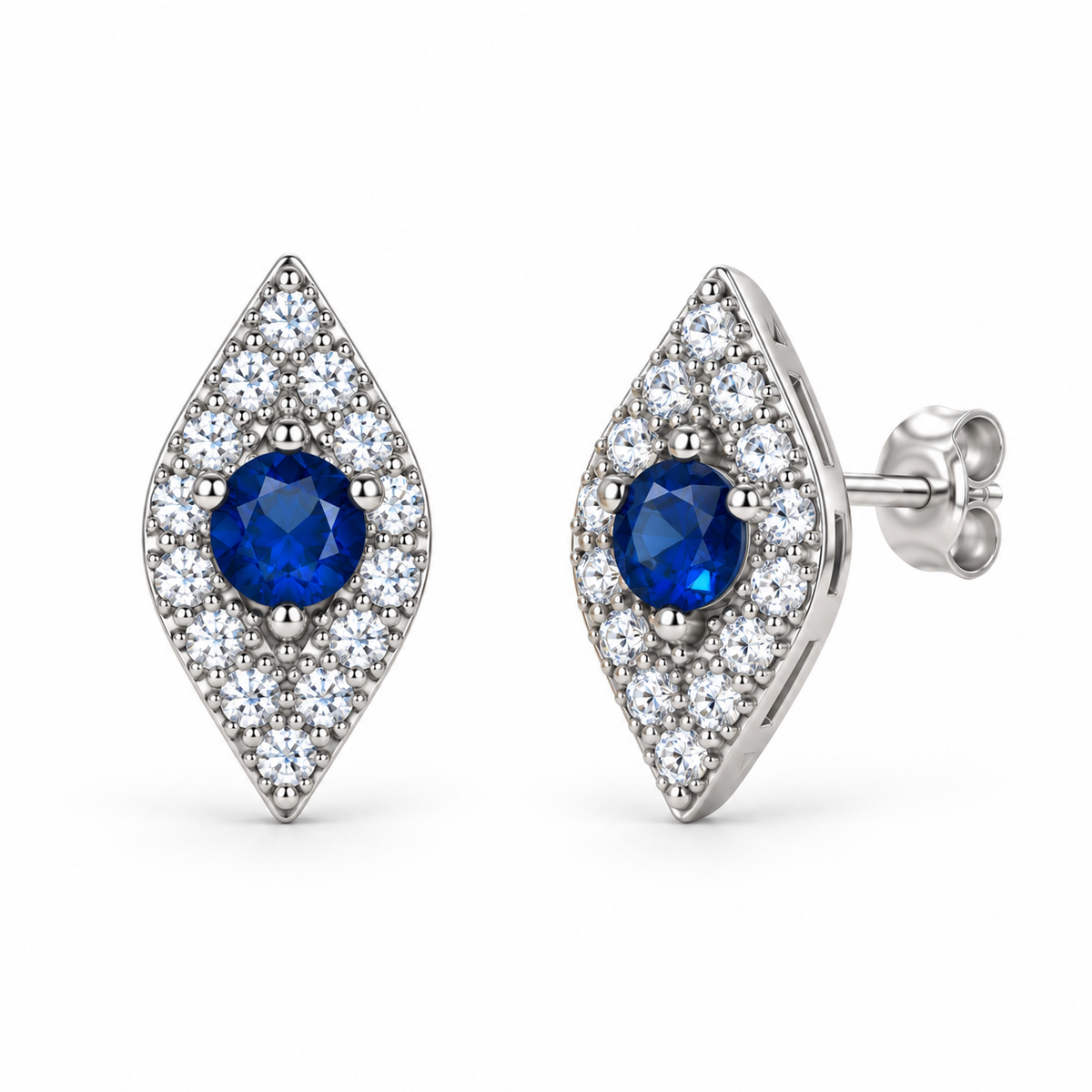 Navette CZ Halo Stud Earrings - Silver