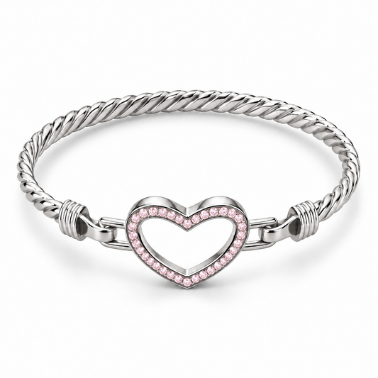 Sterling Silver Bangle Heart Shape Pink CZ Stone