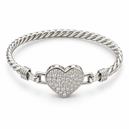 Sterling Silver Bangle Heart Shape CZ Stone