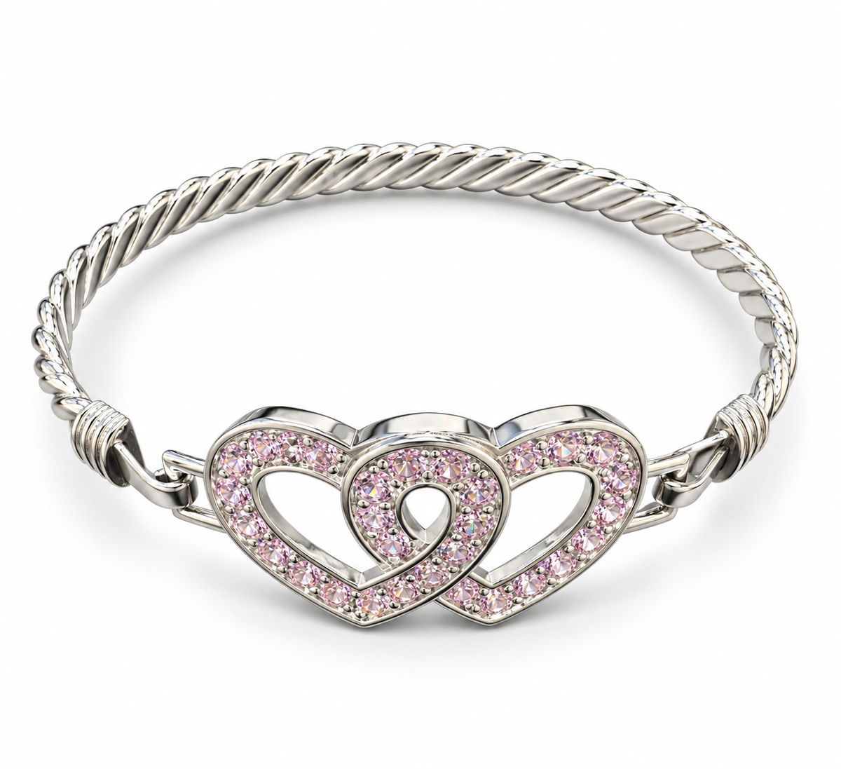 Sterling Silver Bangle Double Heart Shape Pink CZ Stone