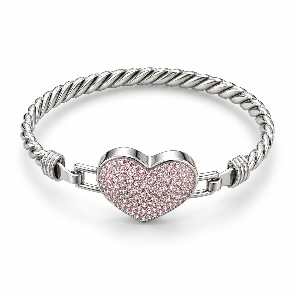 Sterling Silver Kid's Bangle Heart Shape Pink CZ Stone
