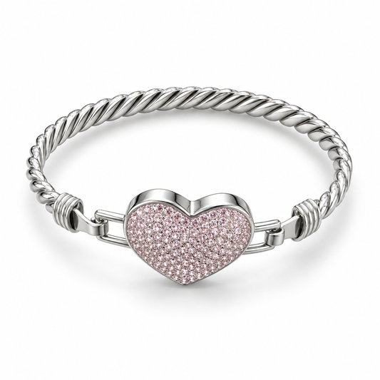 Sterling Silver Kid's Bangle Heart Shape Pink CZ Stone