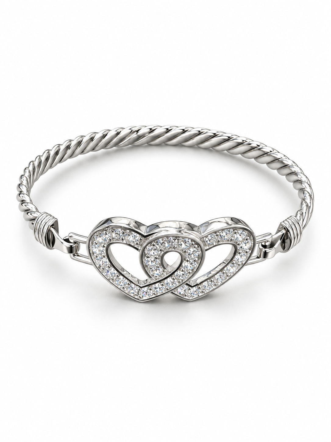 Sterling Silver Bangle Double Heart Shape CZ Stone
