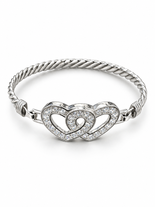 Sterling Silver Bangle Double Heart Shape CZ Stone