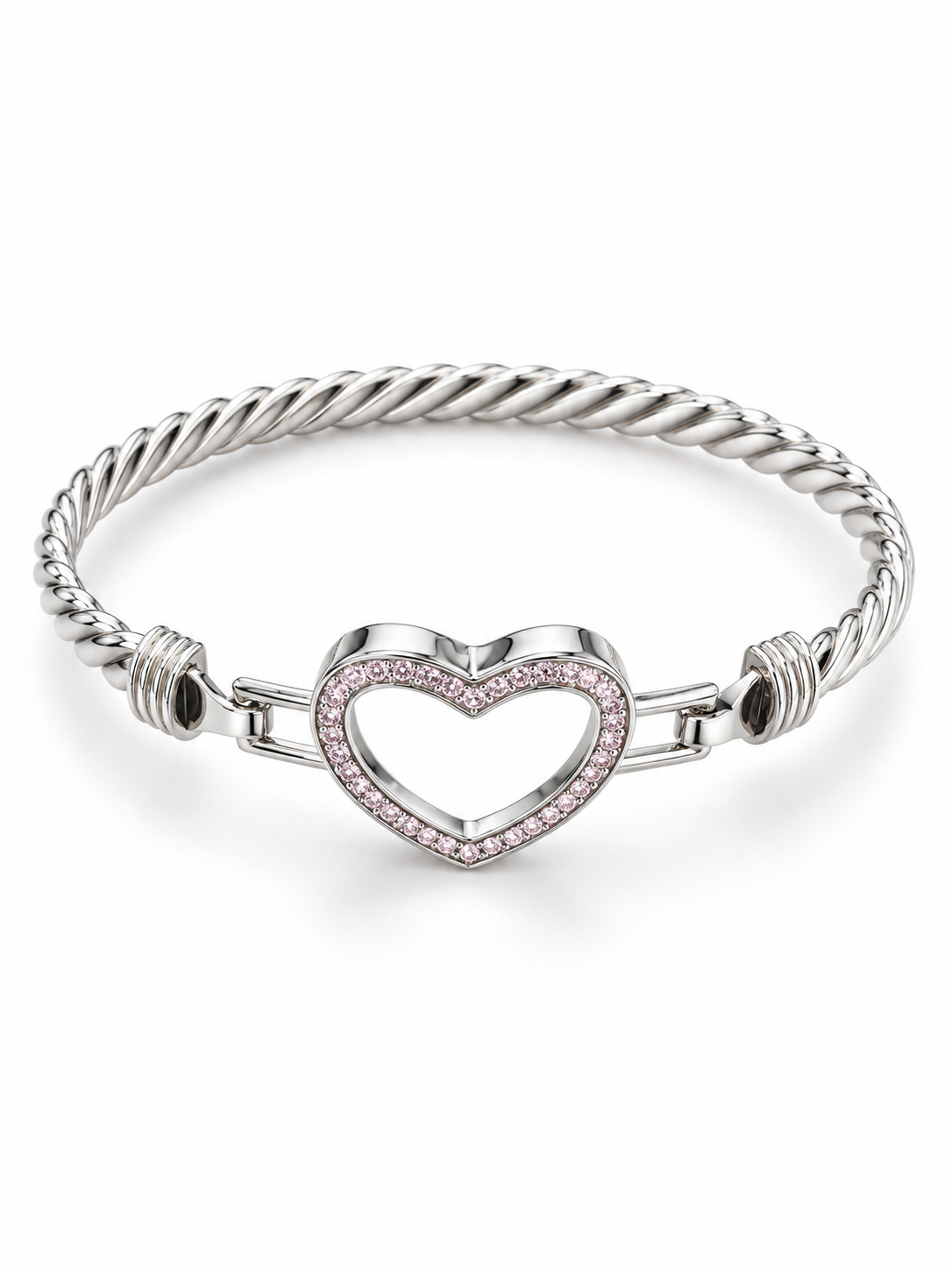 Sterling Silver Bangle Heart Shape Pink CZ Stone
