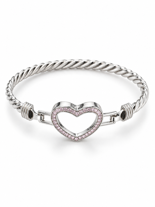 Sterling Silver Bangle Heart Shape Pink CZ Stone