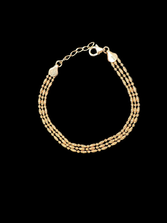 Sterling Silver 3 Strand 8" Diamond Cut Oval Bead Bracelet Rose Plated BCZ3314
