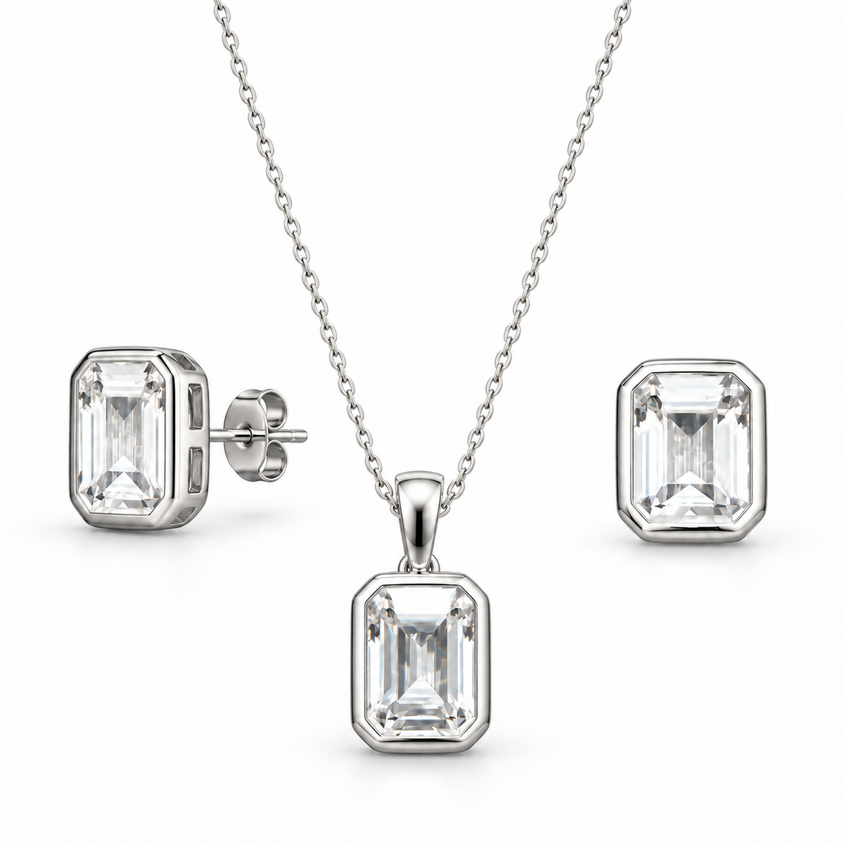 Sterling Silver Necklace-Earring Set Emerald Cut CZ Stone NECZ10010