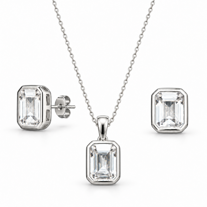 Sterling Silver Necklace-Earring Set Emerald Cut CZ Stone NECZ10010
