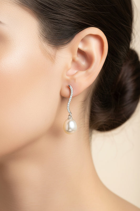 Sterling Silver Cz Drop Pearl Earrings ECZ1308