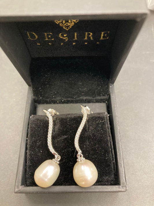 Sterling Silver Cz Drop Pearl Earrings ECZ1308