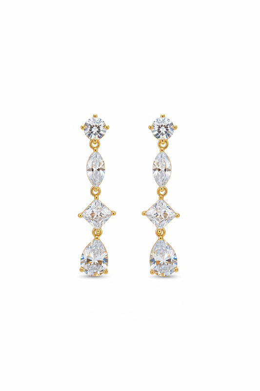 Sterling silver drop earrings with gold plated design and sparkling gemstones.