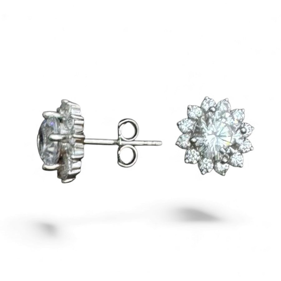 Floral Halo CZ Stud Earring - Silver - ECZ33108