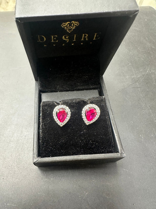 Sterling Silver Stud Earring CZ Stone ECZ6003 in luxurious Desire box with sparkling pink stones.