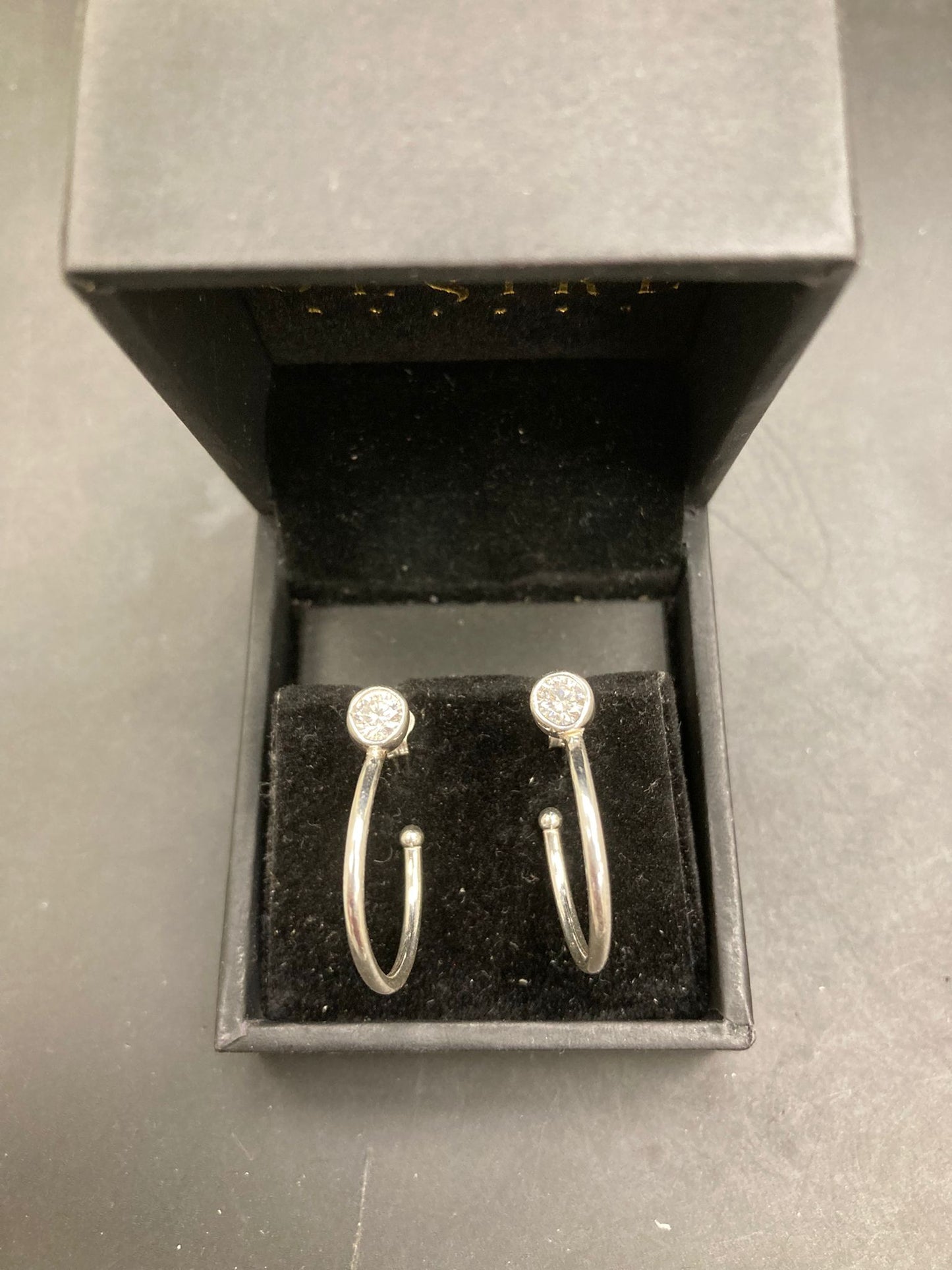 Sterling Silver Bezel CZ Huggies Hoop Stud Earrings in a box, sterling silver huggie earrings.