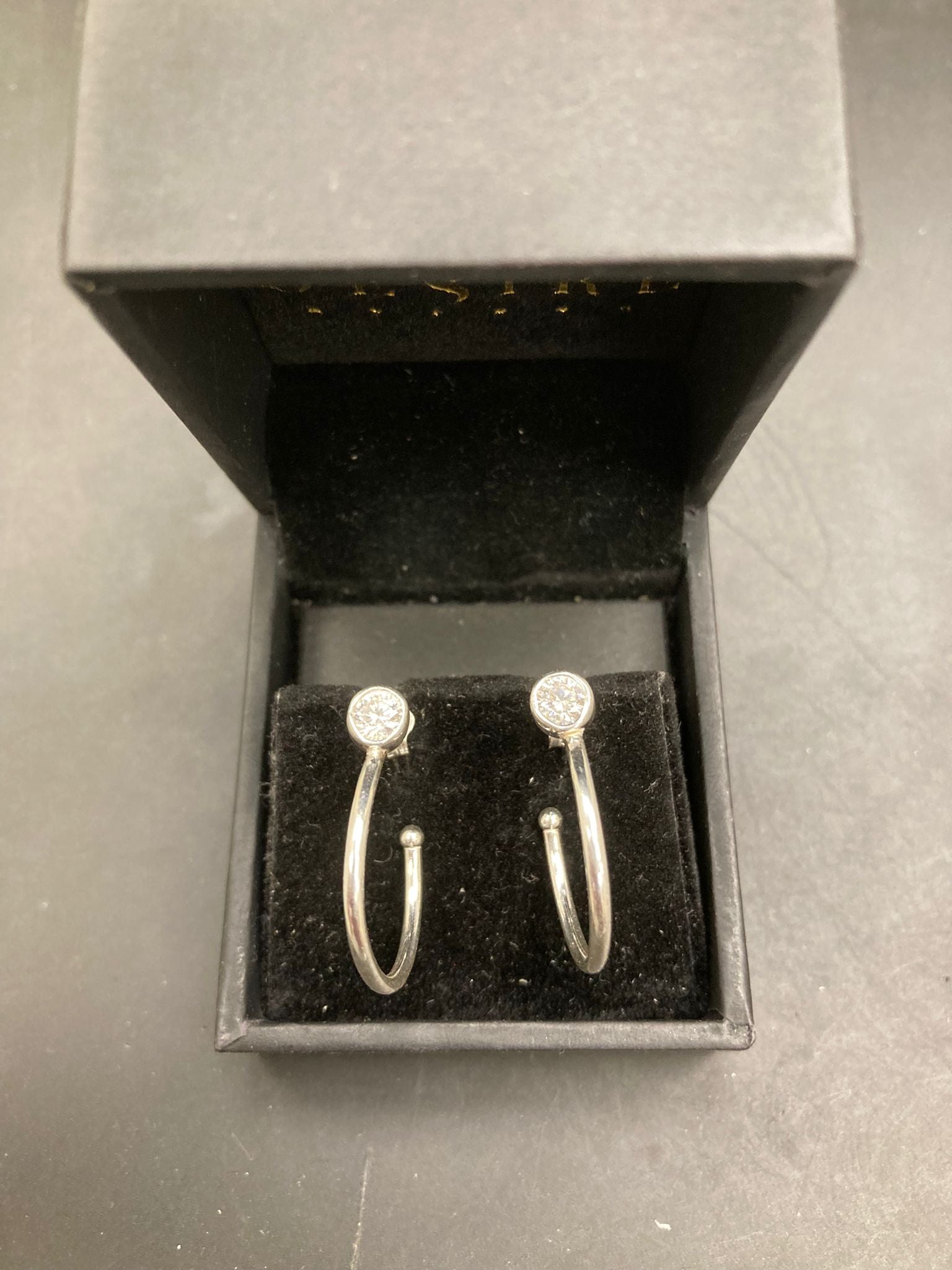 Sterling Silver Bezel CZ Huggies Hoop Stud Earrings in a box, sterling silver huggie earrings.