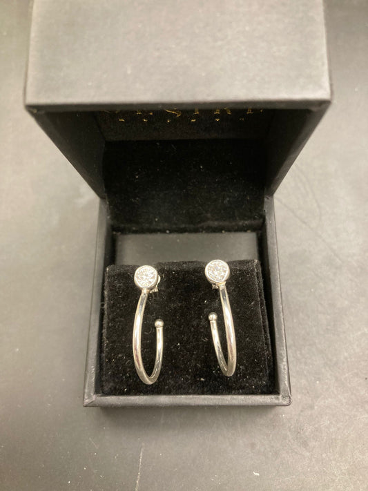 Sterling Silver Bezel CZ Huggies Hoop Stud Earrings displayed in a black jewelry box.